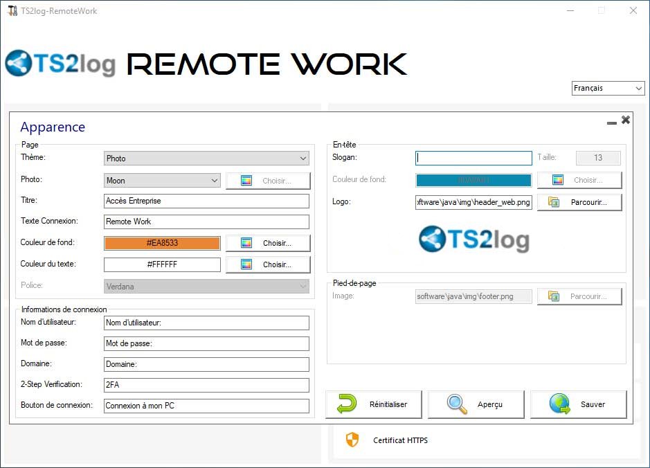écran Personnalisation du portail d'entreprise TS2log Remote Work
