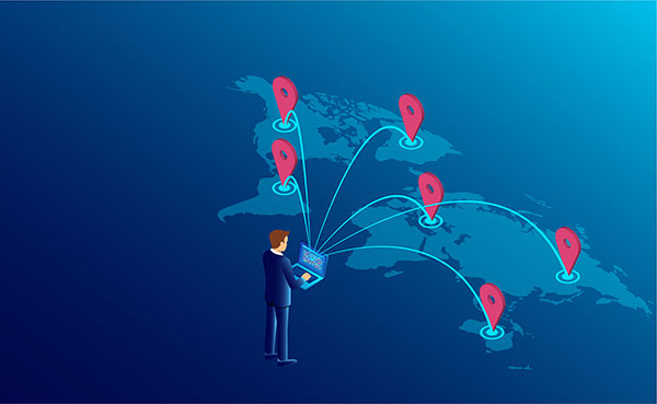 Illustration d'une personne connectée à plusieurs endroits du monde avec TS2log remote support